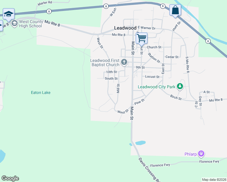 map of restaurants, bars, coffee shops, grocery stores, and more near 1209 Mill Street in Leadwood