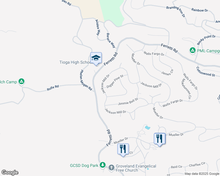 map of restaurants, bars, coffee shops, grocery stores, and more near 18987 Digger Pine Street in Groveland