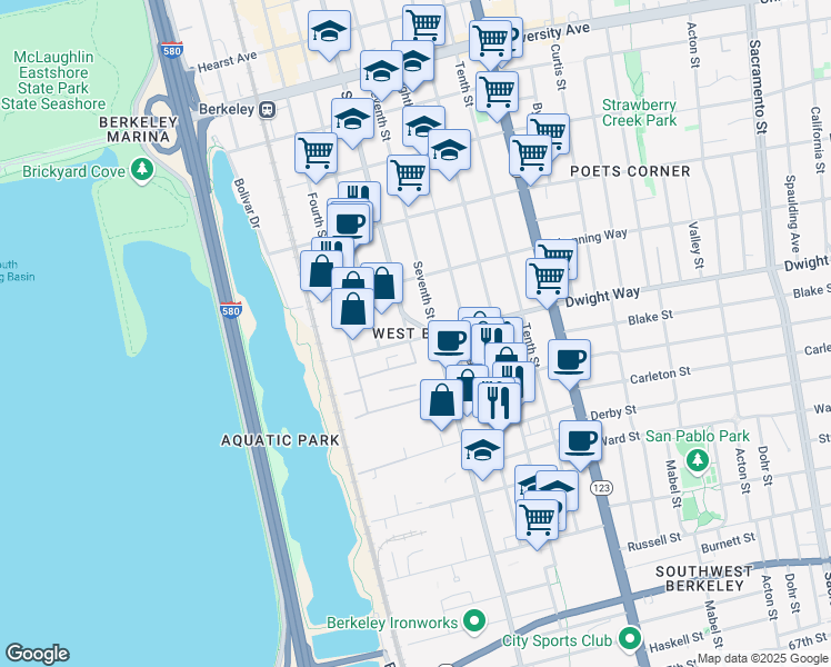 map of restaurants, bars, coffee shops, grocery stores, and more near 2445 Sixth St in Berkeley