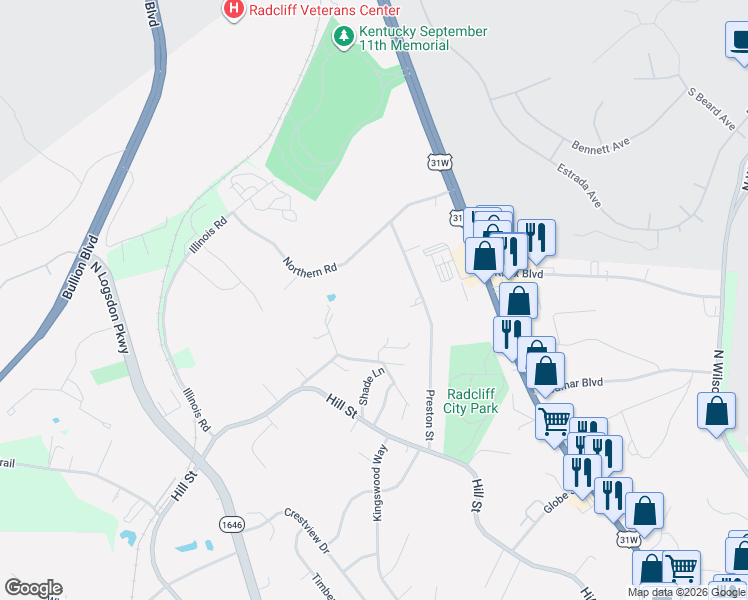 map of restaurants, bars, coffee shops, grocery stores, and more near 1827 Preston Street in Radcliff