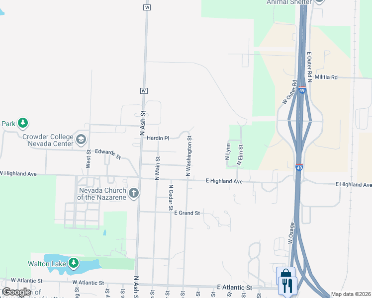 map of restaurants, bars, coffee shops, grocery stores, and more near 2101 North Washington Street in Nevada