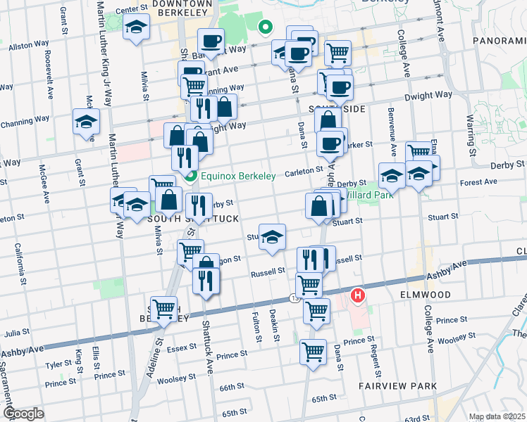 map of restaurants, bars, coffee shops, grocery stores, and more near 2219 Ward Street in Berkeley