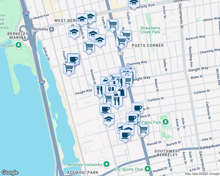 map of restaurants, bars, coffee shops, grocery stores, and more near 2512 Ninth Street in Berkeley