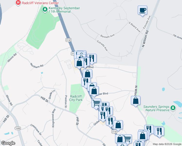 map of restaurants, bars, coffee shops, grocery stores, and more near 200-244 Dogwood Dr in Radcliff