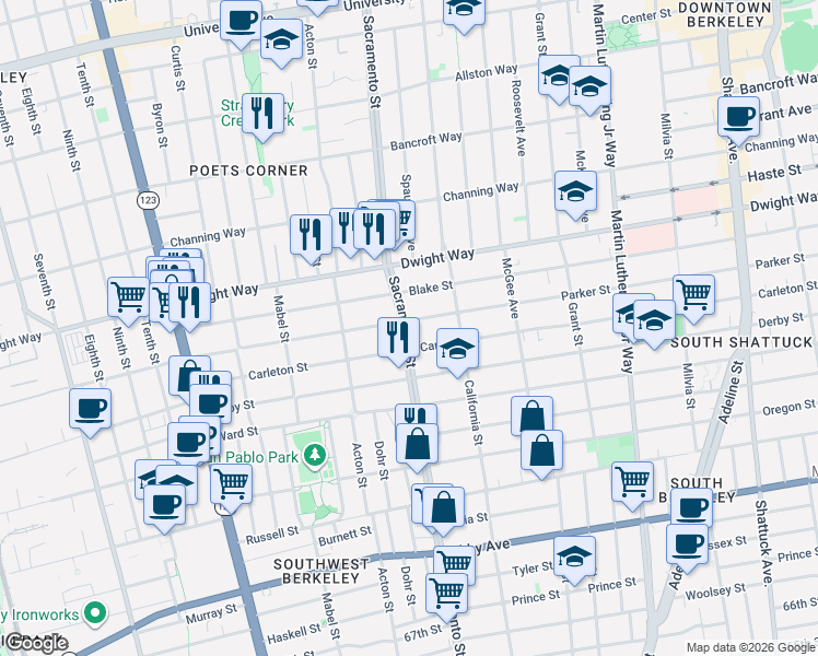 map of restaurants, bars, coffee shops, grocery stores, and more near 2613 Sacramento Street in Berkeley