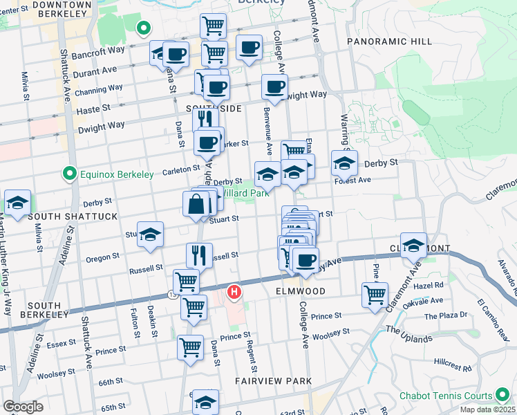 map of restaurants, bars, coffee shops, grocery stores, and more near 2741 Hillegass Avenue in Berkeley