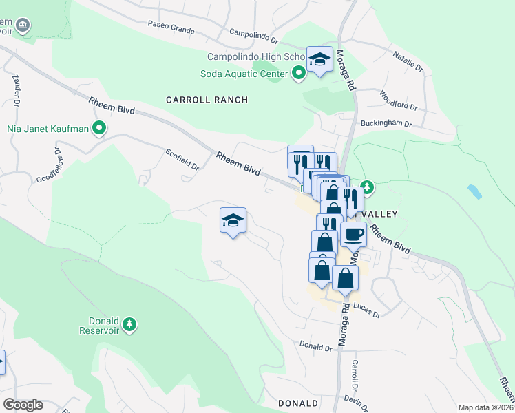 map of restaurants, bars, coffee shops, grocery stores, and more near 1969 Ascot Drive in Moraga