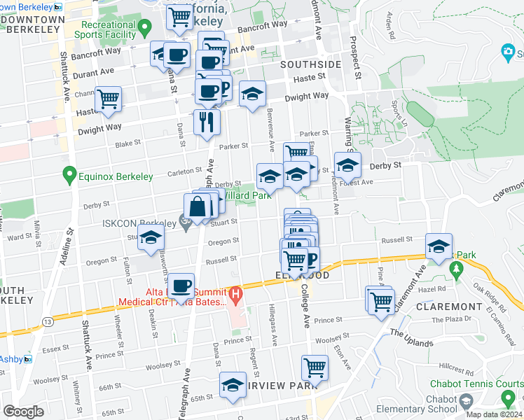 map of restaurants, bars, coffee shops, grocery stores, and more near 2741 Hillegass Avenue in Berkeley
