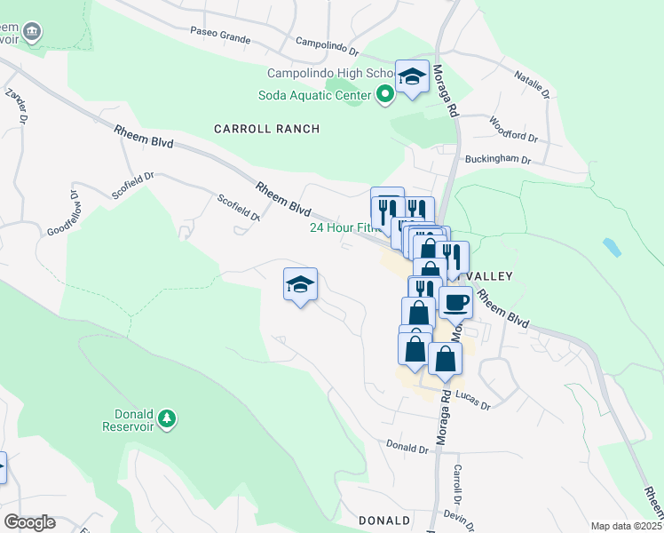 map of restaurants, bars, coffee shops, grocery stores, and more near 1971 Ascot Drive in Moraga