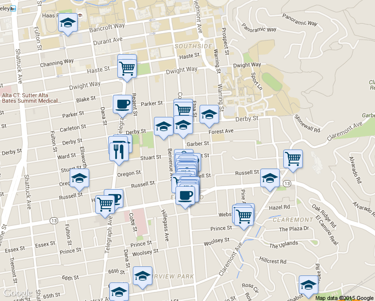 map of restaurants, bars, coffee shops, grocery stores, and more near 2707 Stuart Street in Berkeley
