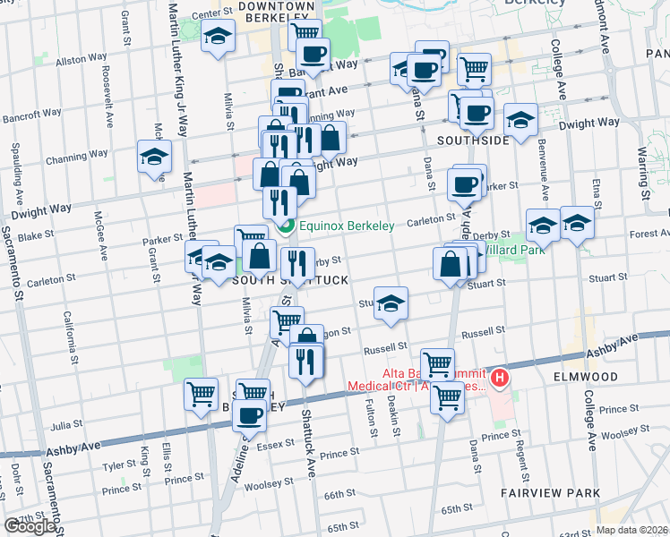 map of restaurants, bars, coffee shops, grocery stores, and more near 2147 Ward Street in Berkeley