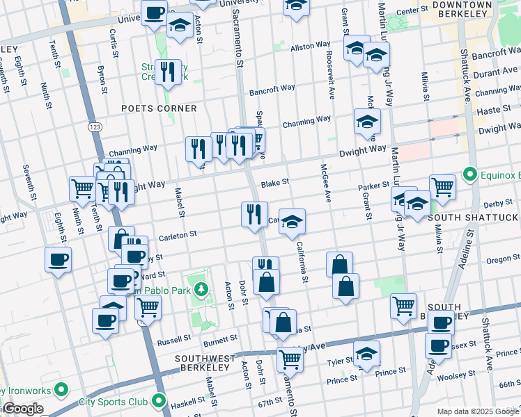 map of restaurants, bars, coffee shops, grocery stores, and more near 2637 Sacramento Street in Berkeley