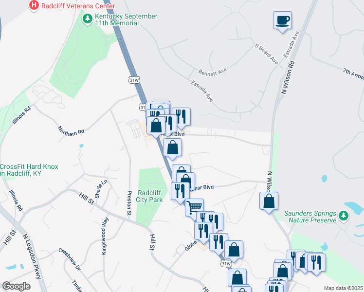 map of restaurants, bars, coffee shops, grocery stores, and more near 200-244 Dogwood Dr in Radcliff