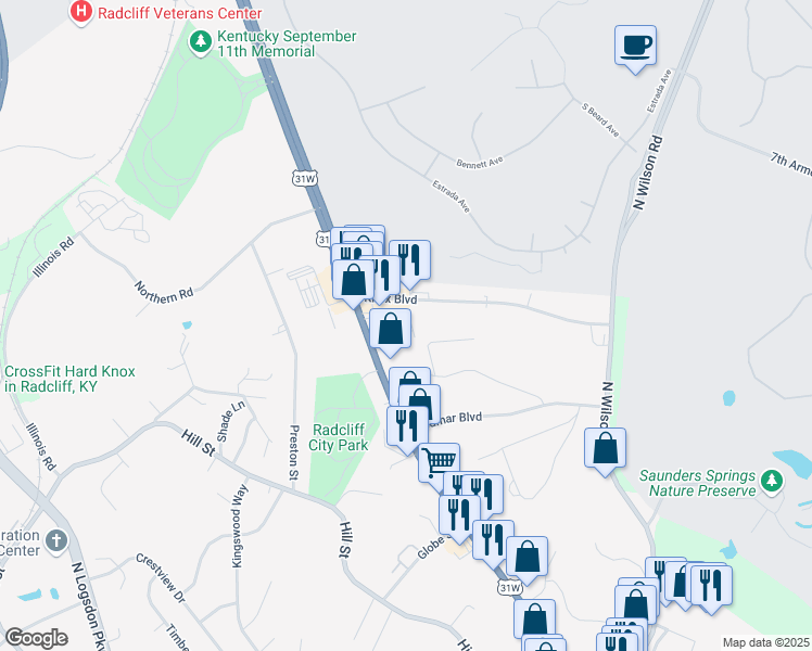 map of restaurants, bars, coffee shops, grocery stores, and more near 200-244 Dogwood Dr in Radcliff