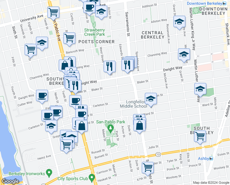 map of restaurants, bars, coffee shops, grocery stores, and more near 1341 Parker Street in Berkeley