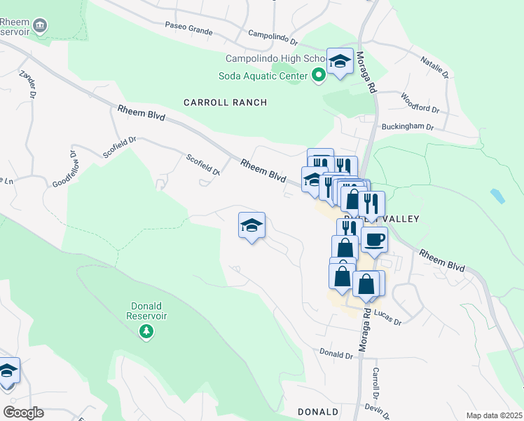 map of restaurants, bars, coffee shops, grocery stores, and more near in Moraga