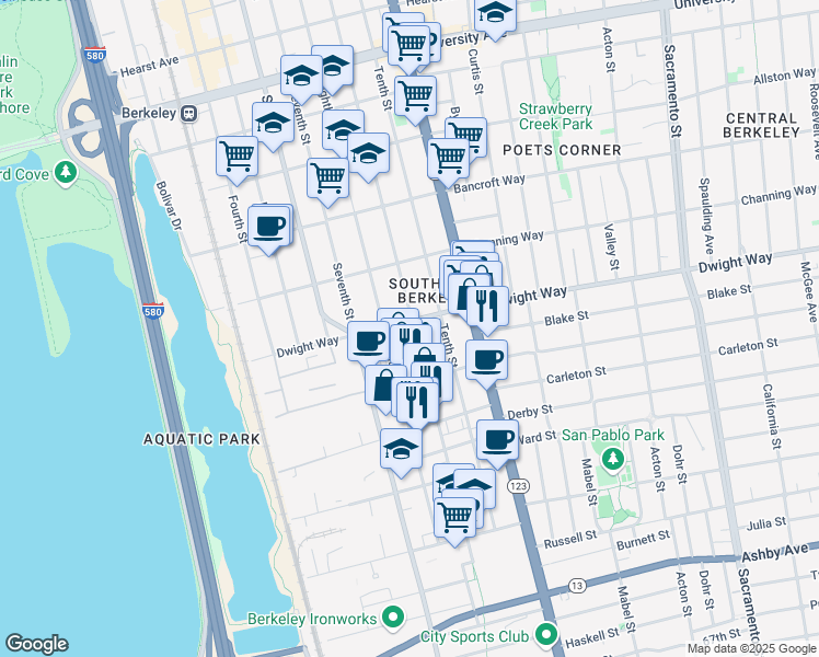 map of restaurants, bars, coffee shops, grocery stores, and more near 2512 Ninth Street in Berkeley