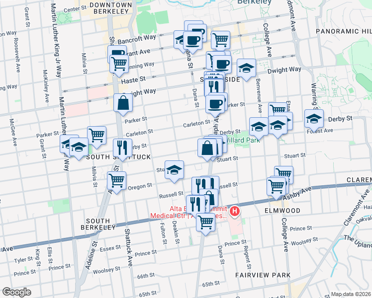 map of restaurants, bars, coffee shops, grocery stores, and more near 2319 Ward Street in Berkeley