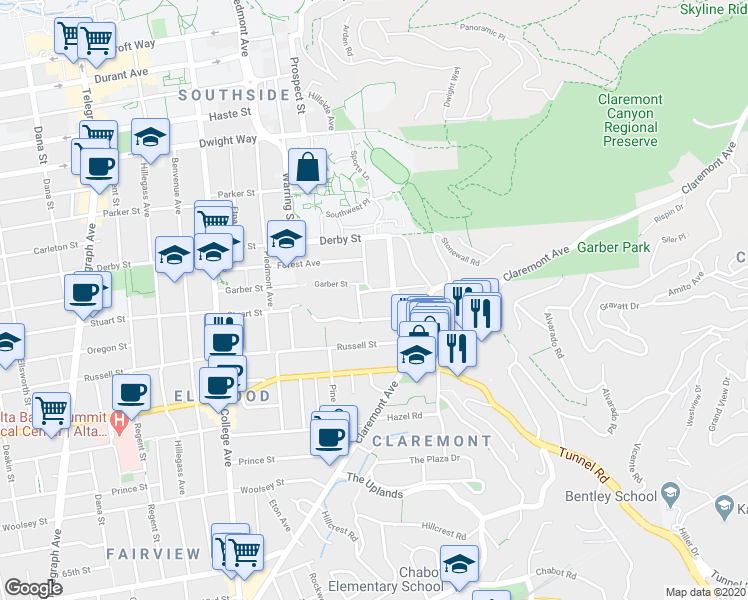 map of restaurants, bars, coffee shops, grocery stores, and more near 2815 Oak Knoll Terrace in Berkeley