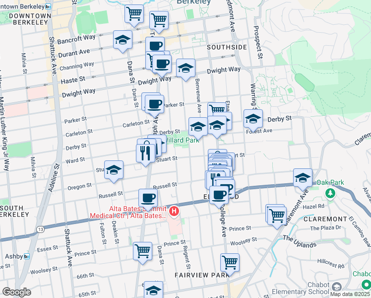 map of restaurants, bars, coffee shops, grocery stores, and more near 2525 Stuart Street in Berkeley