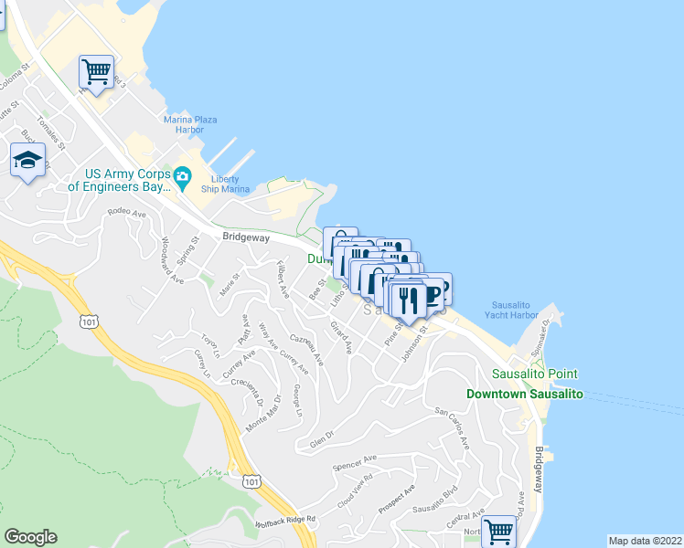 map of restaurants, bars, coffee shops, grocery stores, and more near 1505 Bridgeway in Sausalito