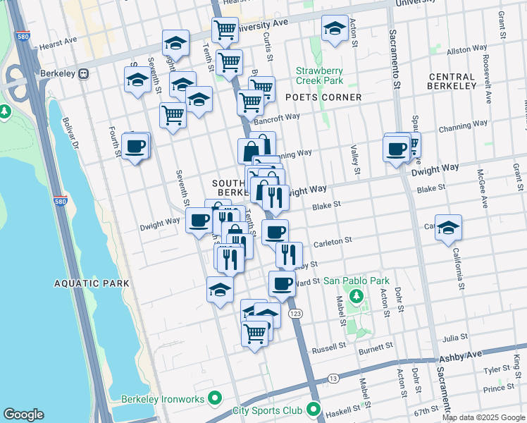 map of restaurants, bars, coffee shops, grocery stores, and more near 2555 San Pablo Avenue in Berkeley