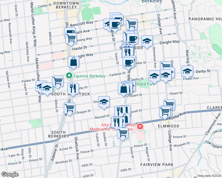 map of restaurants, bars, coffee shops, grocery stores, and more near 2240 Ward Street in Berkeley
