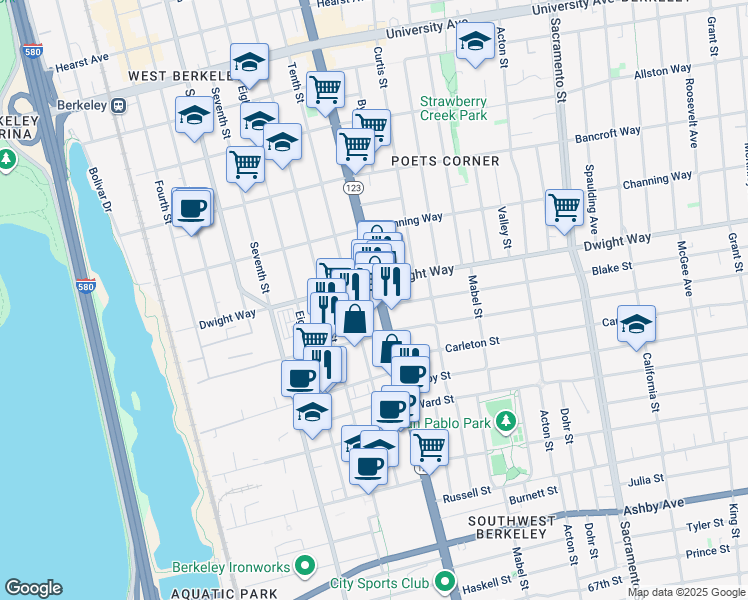 map of restaurants, bars, coffee shops, grocery stores, and more near 2555 San Pablo Avenue in Berkeley