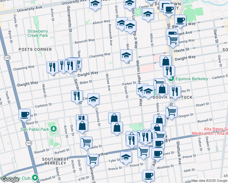 map of restaurants, bars, coffee shops, grocery stores, and more near 1711 Carleton Street in Berkeley