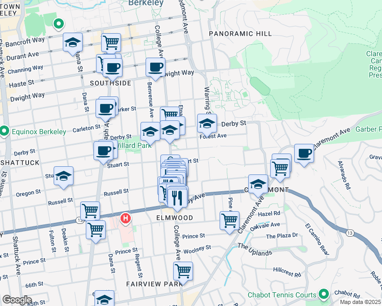 map of restaurants, bars, coffee shops, grocery stores, and more near 2745 Stuart Street in Berkeley
