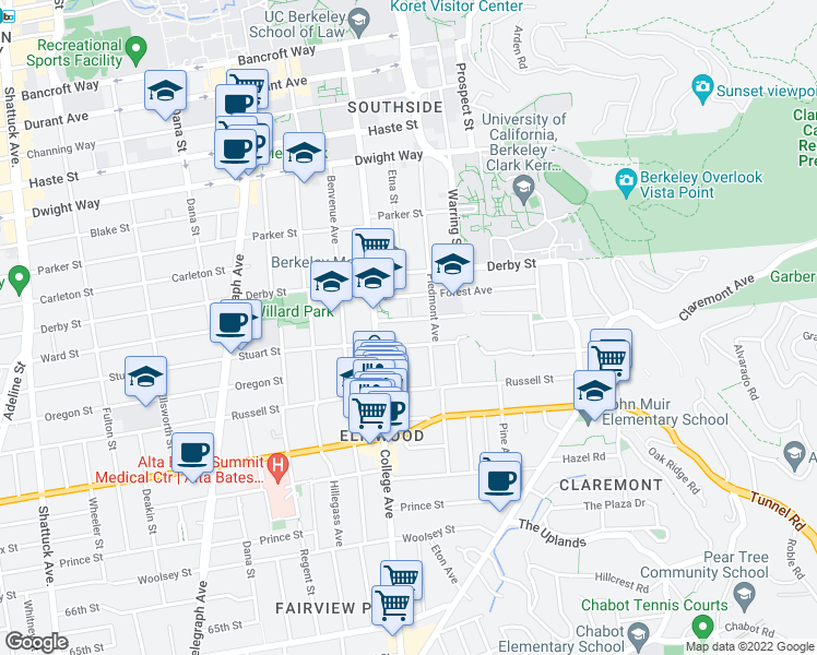 map of restaurants, bars, coffee shops, grocery stores, and more near 2745 Stuart Street in Berkeley
