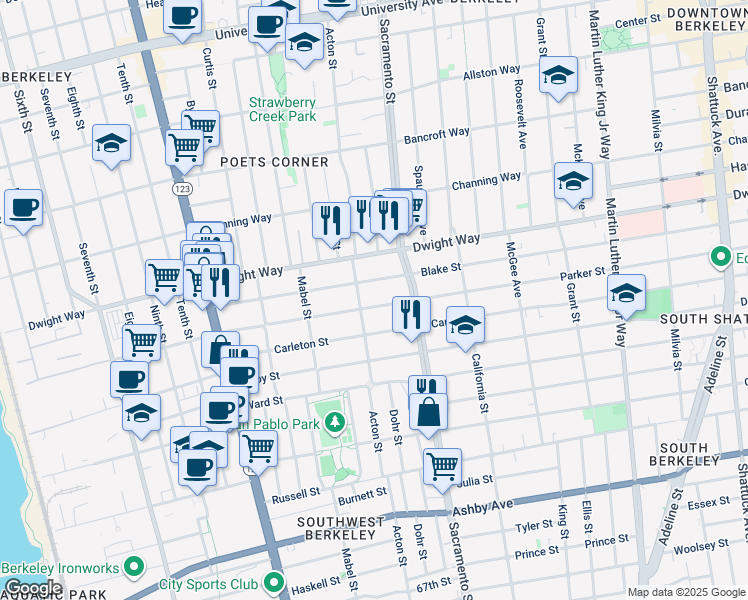 map of restaurants, bars, coffee shops, grocery stores, and more near 1350 Parker Street in Berkeley