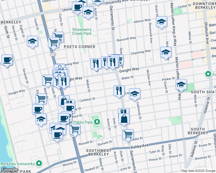 map of restaurants, bars, coffee shops, grocery stores, and more near 1350 Parker Street in Berkeley
