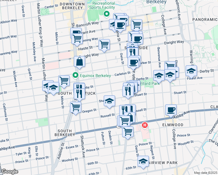 map of restaurants, bars, coffee shops, grocery stores, and more near 2708 Ellsworth Street in Berkeley