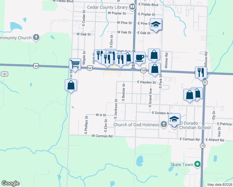 map of restaurants, bars, coffee shops, grocery stores, and more near 1507 South Jackson Street in El Dorado Springs