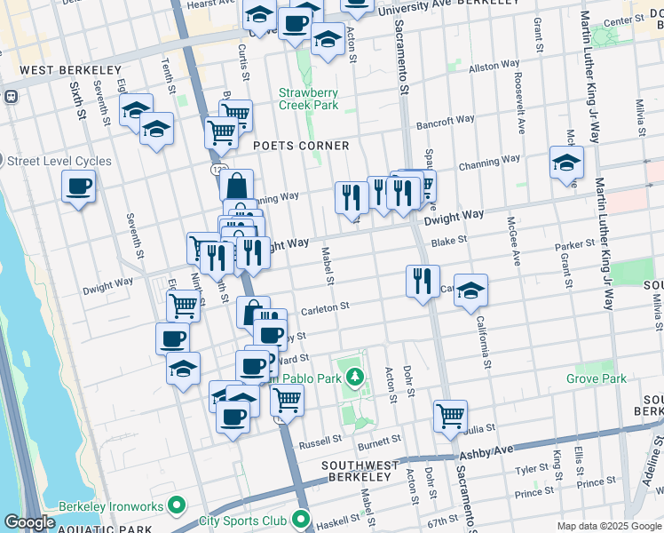 map of restaurants, bars, coffee shops, grocery stores, and more near 1300 Blake Street in Berkeley