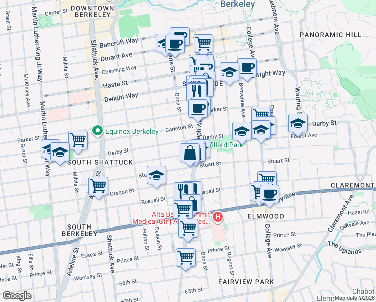 map of restaurants, bars, coffee shops, grocery stores, and more near 2401 Ward Street in Berkeley