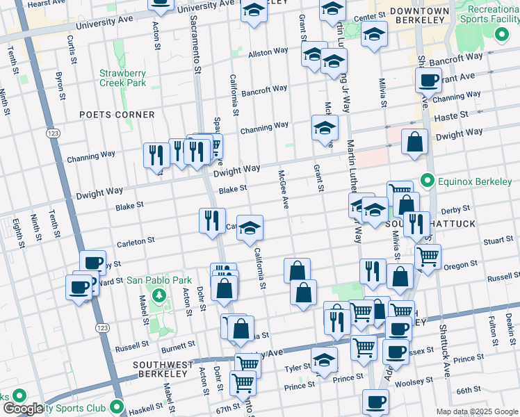 map of restaurants, bars, coffee shops, grocery stores, and more near 1612 Parker Street in Berkeley
