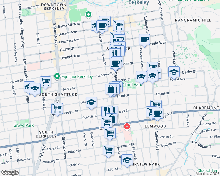 map of restaurants, bars, coffee shops, grocery stores, and more near 2401 Ward Street in Berkeley