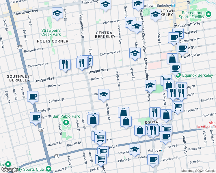 map of restaurants, bars, coffee shops, grocery stores, and more near 1612 Parker Street in Berkeley