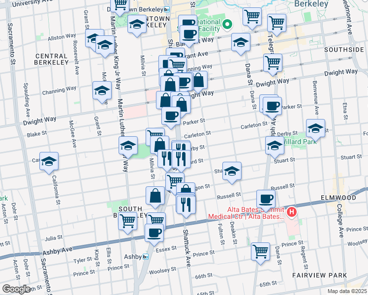 map of restaurants, bars, coffee shops, grocery stores, and more near 2708 Walker Street in Berkeley