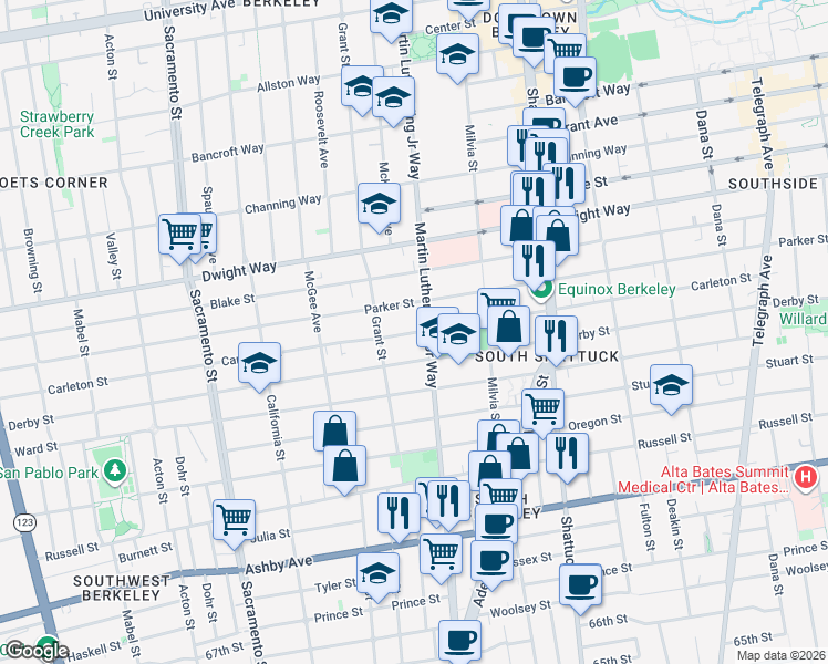 map of restaurants, bars, coffee shops, grocery stores, and more near 1825 Derby Street in Berkeley