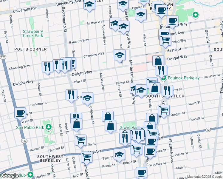 map of restaurants, bars, coffee shops, grocery stores, and more near 1710 Carleton Street in Berkeley