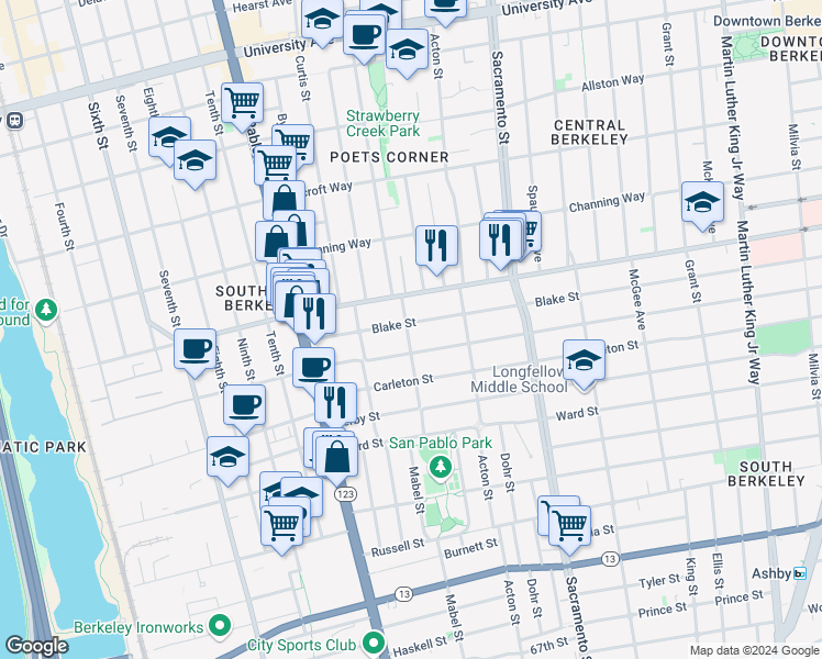 map of restaurants, bars, coffee shops, grocery stores, and more near 1300 Blake Street in Berkeley