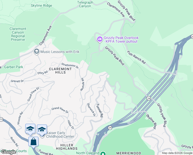 map of restaurants, bars, coffee shops, grocery stores, and more near 7033 Buckingham Boulevard in Berkeley