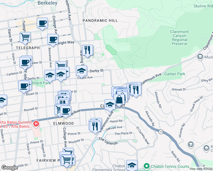 map of restaurants, bars, coffee shops, grocery stores, and more near 2815 Oak Knoll Terrace in Berkeley