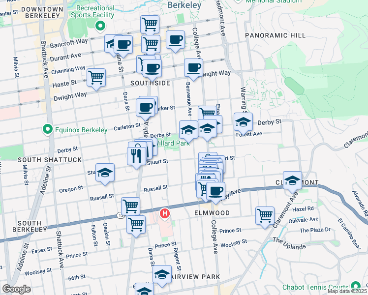 map of restaurants, bars, coffee shops, grocery stores, and more near 2525 Stuart Street in Berkeley