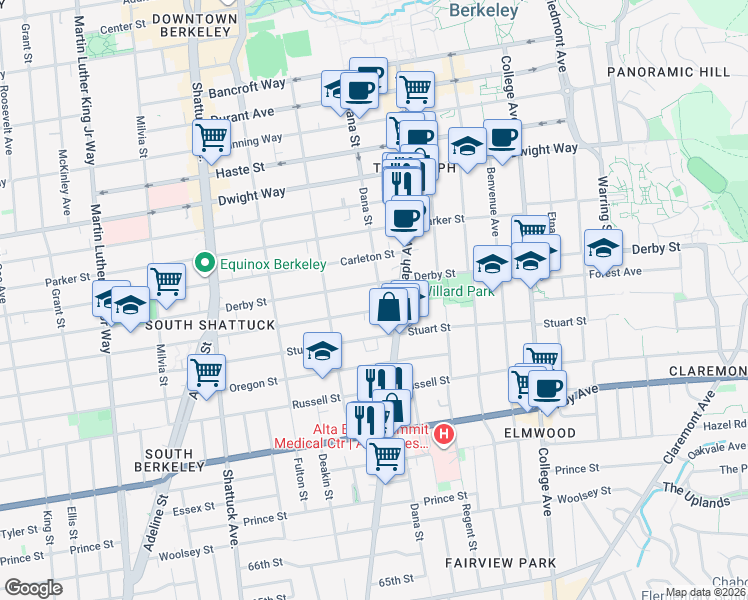 map of restaurants, bars, coffee shops, grocery stores, and more near 2340 Ward Street in Berkeley