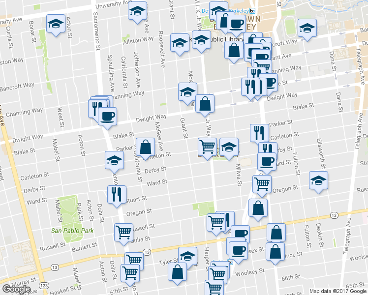 map of restaurants, bars, coffee shops, grocery stores, and more near 2632 Grant Street in Berkeley