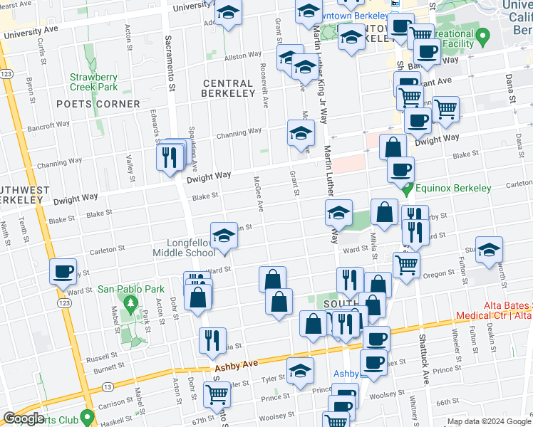 map of restaurants, bars, coffee shops, grocery stores, and more near 1710 Carleton Street in Berkeley